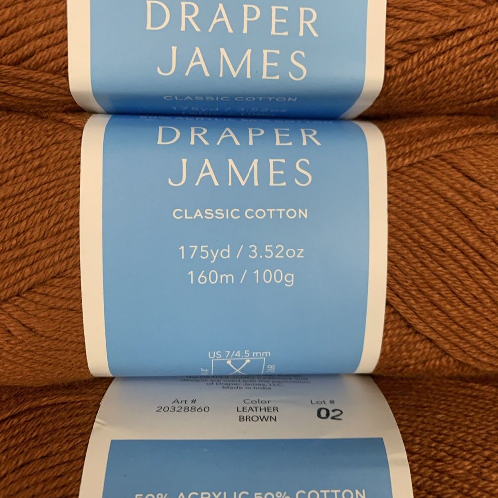 Lot Of 3 Draper James Classic Cotton Leather Brown 175yds Acrylic & Cotton Yarn - Picture 3 of 6